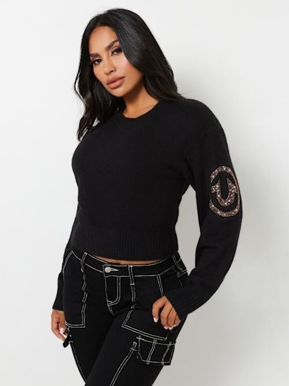 True Religion Women crystal horseshoe pullover sweater Acrylic Black Size L $119